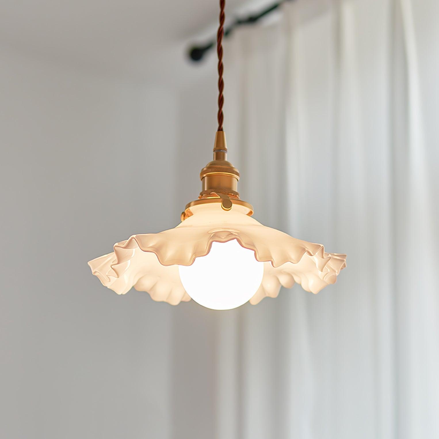 Modern Brass and Glass Flower Pendant Lamp Small White Floral Hanging Ceiling Light