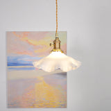 Modern Brass and Glass Flower Pendant Lamp Small White Floral Hanging Ceiling Light