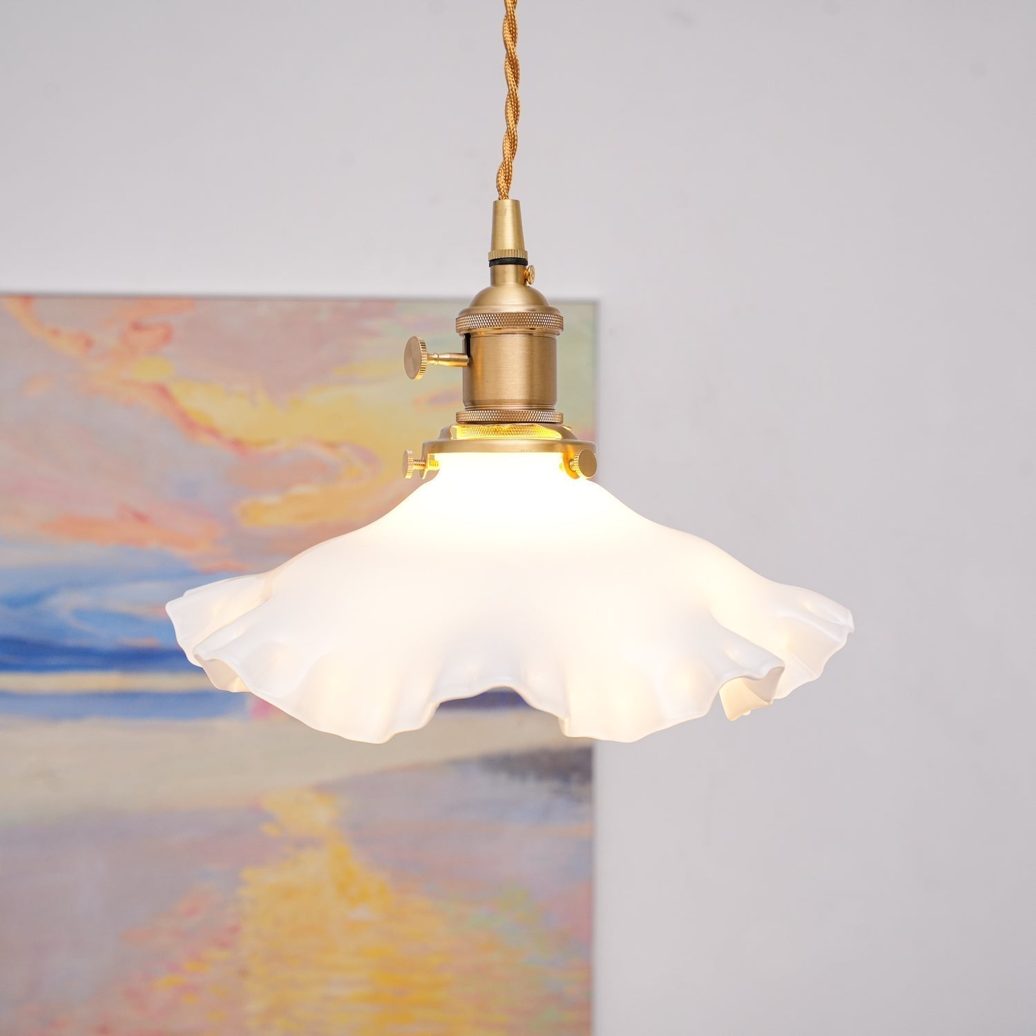 Modern Brass and Glass Flower Pendant Lamp Small White Floral Hanging Ceiling Light