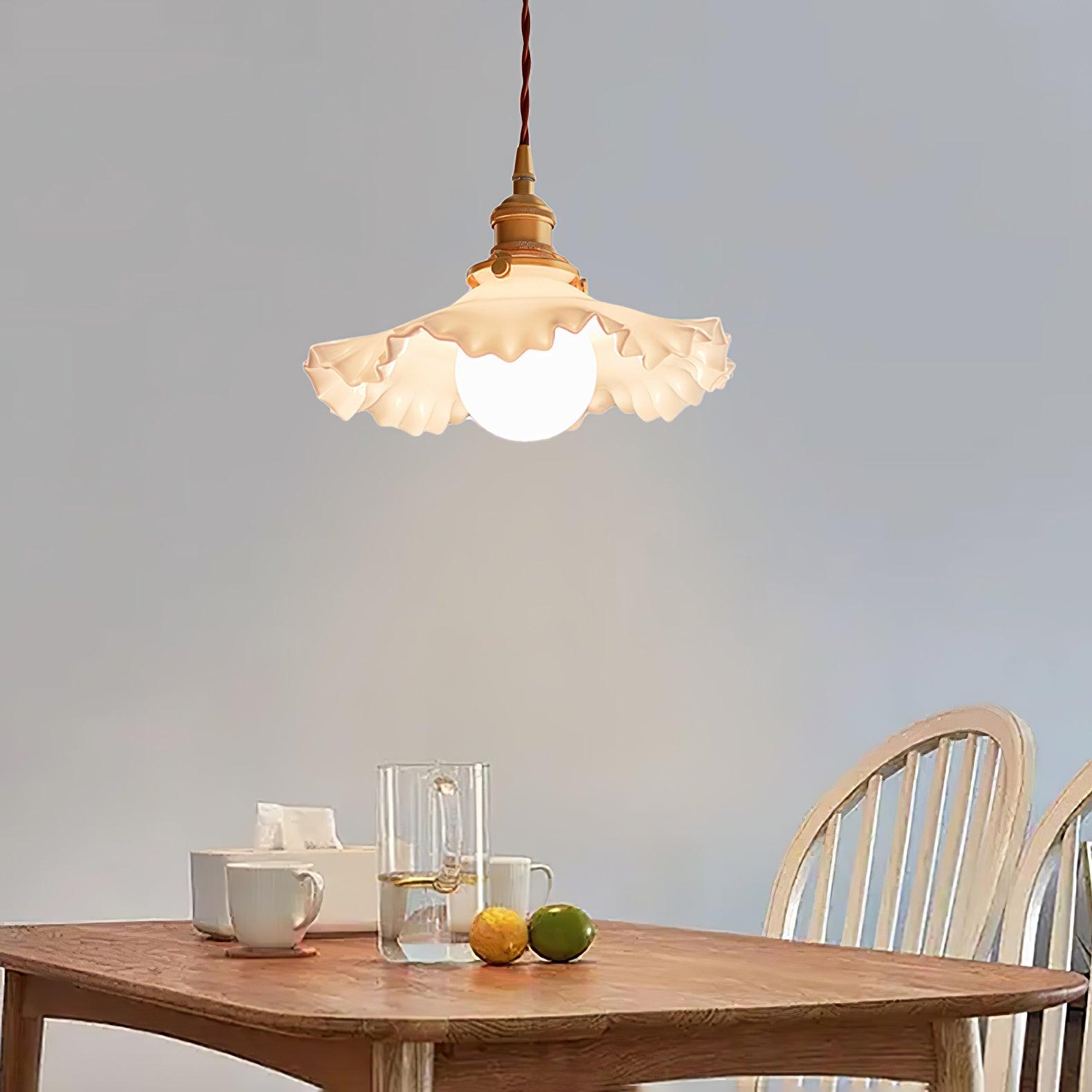 Modern Brass and Glass Flower Pendant Lamp Small White Floral Hanging Ceiling Light