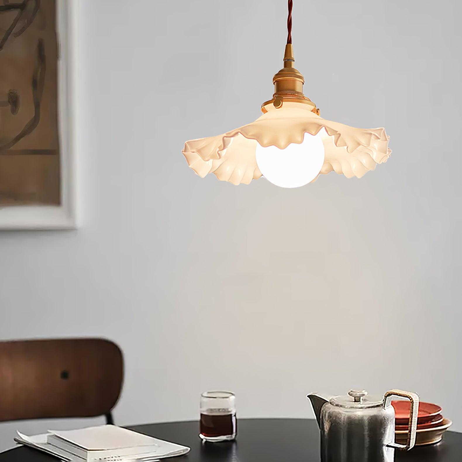 Modern Brass and Glass Flower Pendant Lamp Small White Floral Hanging Ceiling Light