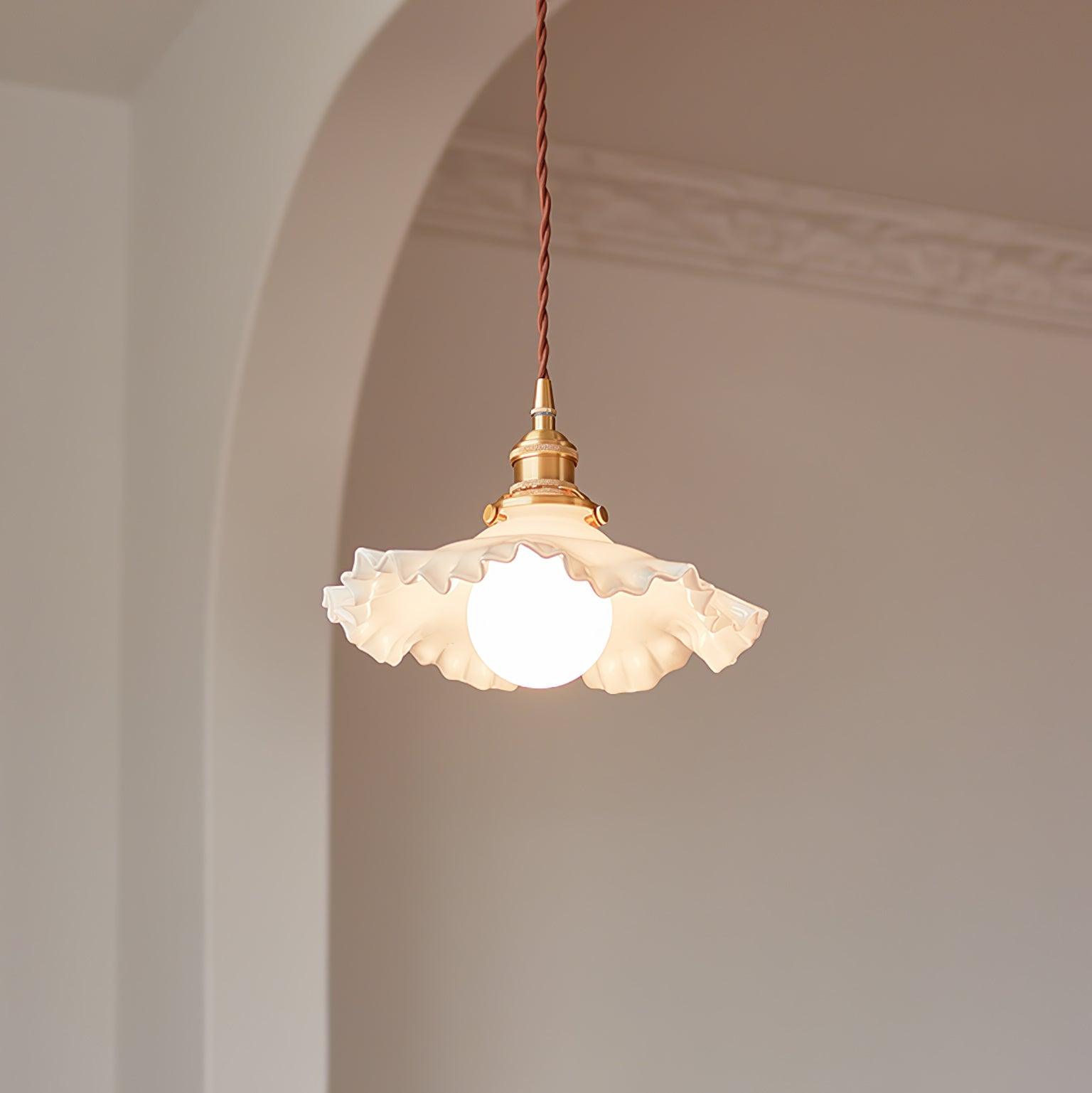 Modern Brass and Glass Flower Pendant Lamp Small White Floral Hanging Ceiling Light