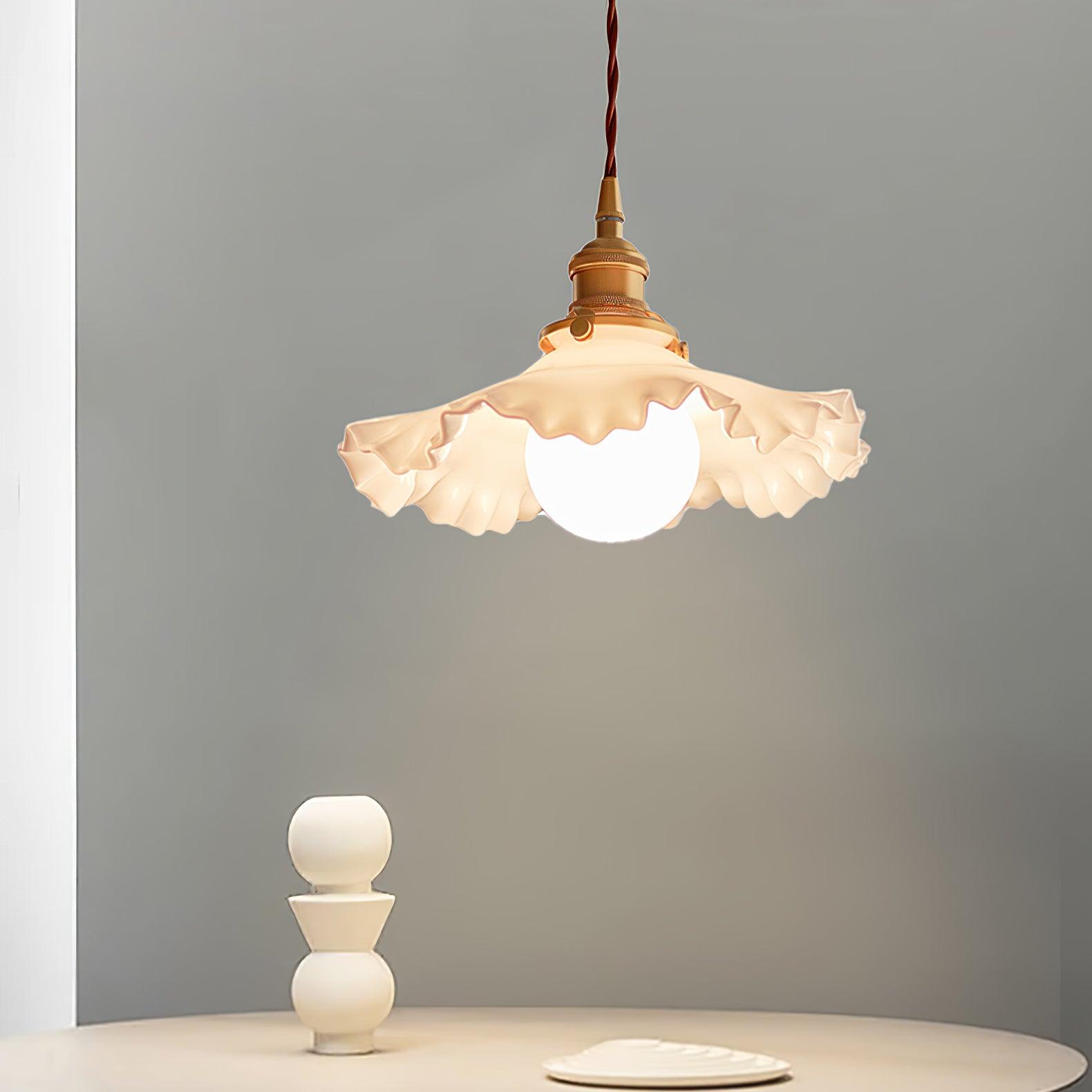 Modern Brass and Glass Flower Pendant Lamp Small White Floral Hanging Ceiling Light