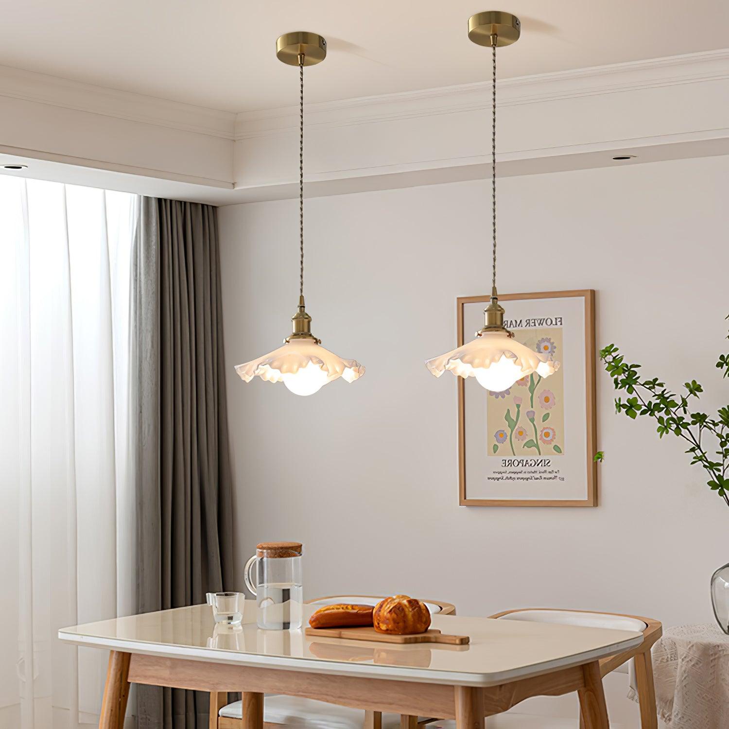 Modern Brass and Glass Flower Pendant Lamp Small White Floral Hanging Ceiling Light