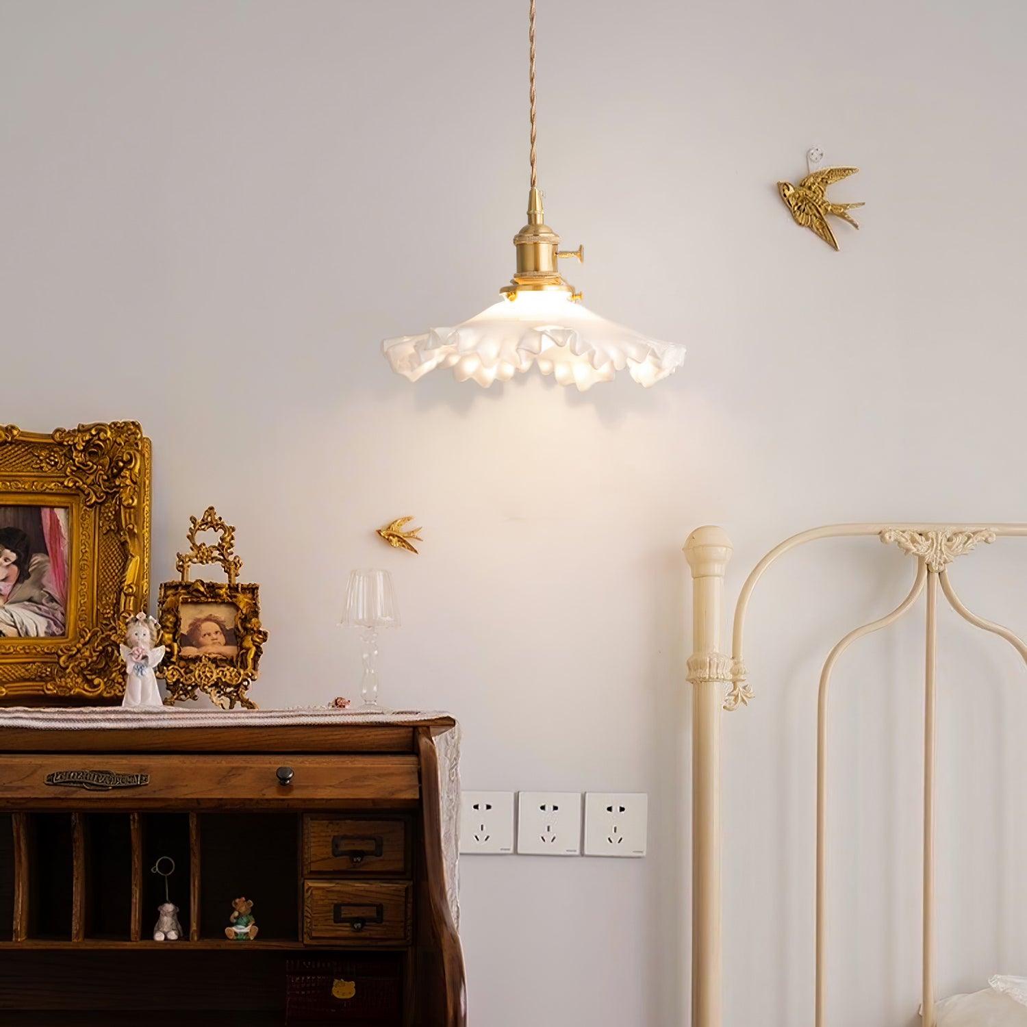 Modern Brass and Glass Flower Pendant Lamp Small White Floral Hanging Ceiling Light