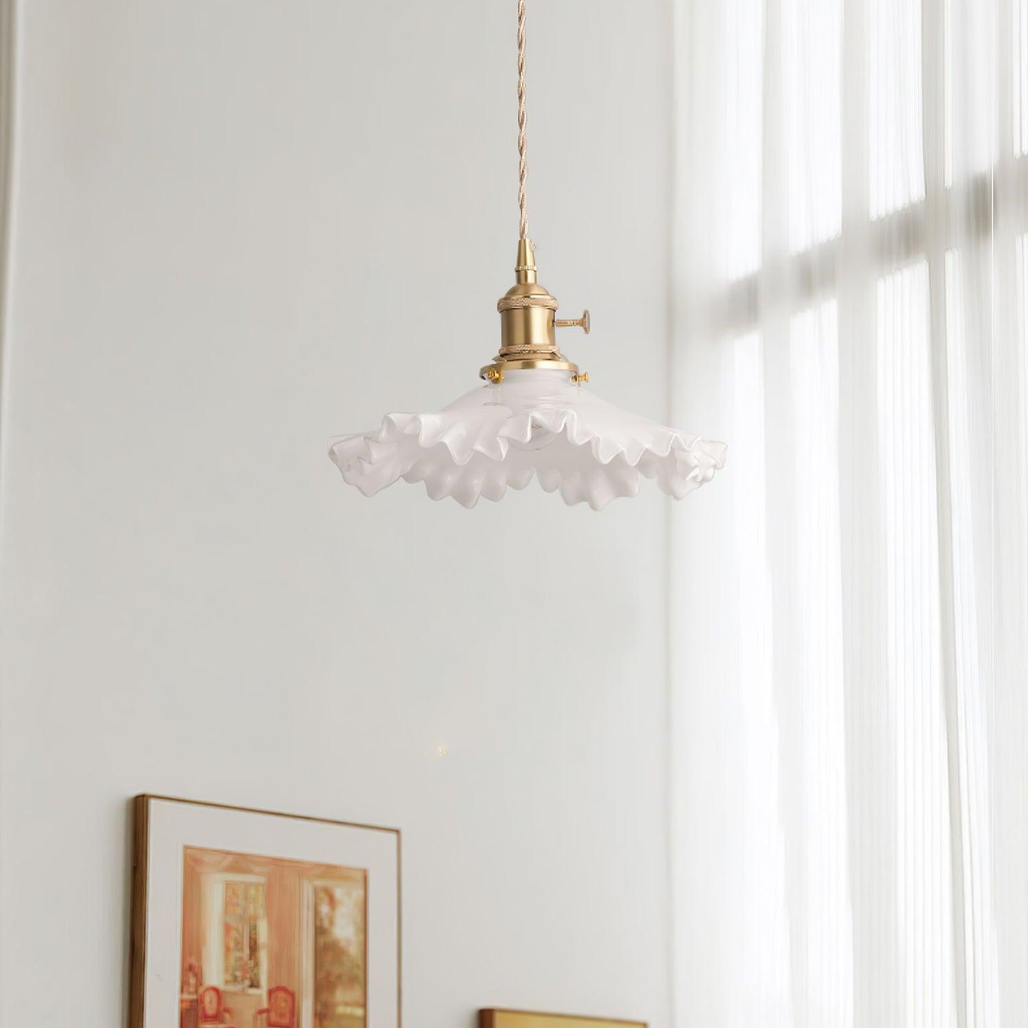 Modern Brass and Glass Flower Pendant Lamp Small White Floral Hanging Ceiling Light