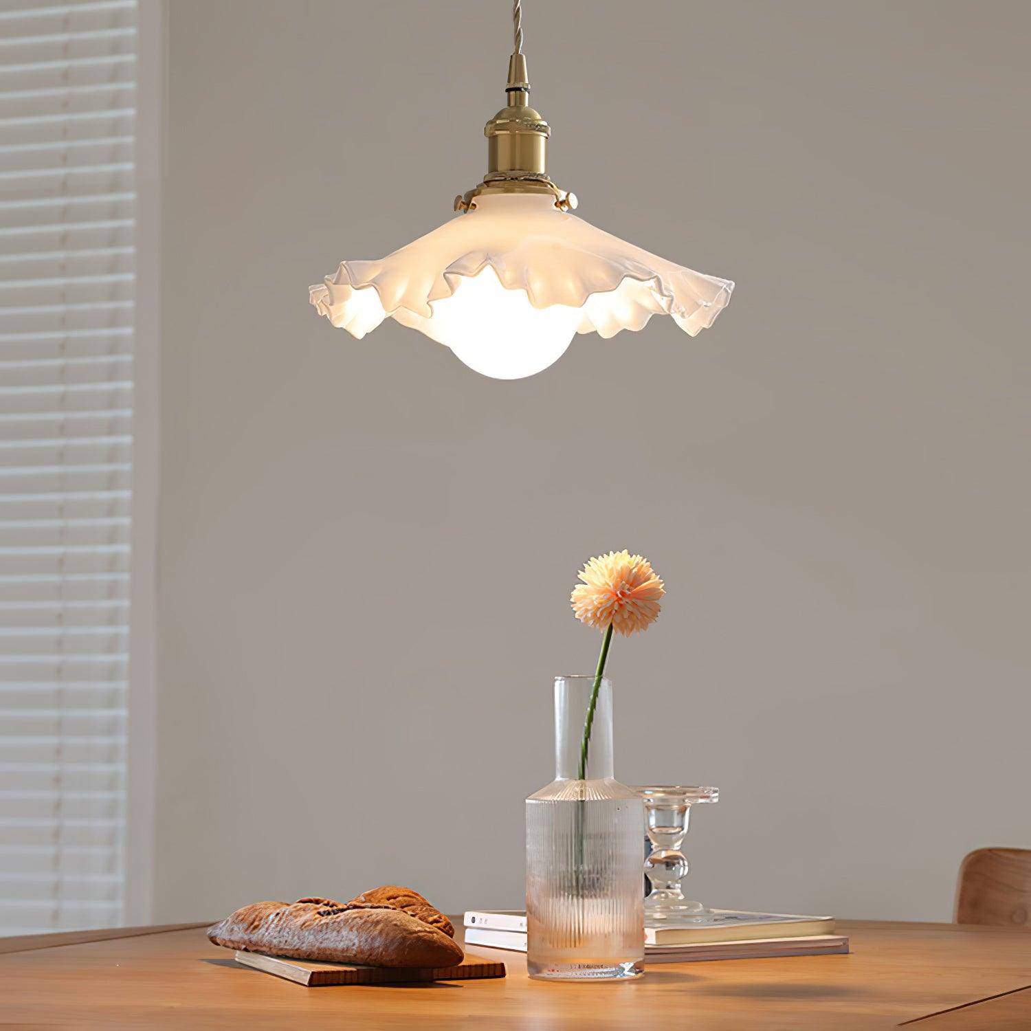Modern Brass and Glass Flower Pendant Lamp Small White Floral Hanging Ceiling Light