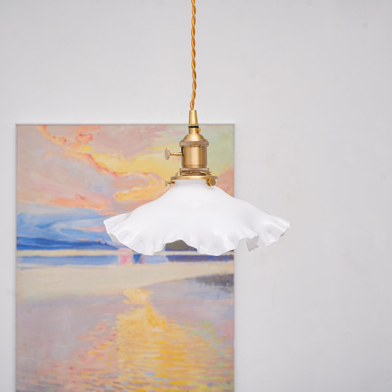 Modern Brass and Glass Flower Pendant Lamp Small White Floral Hanging Ceiling Light