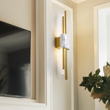 Modern Brass and Marble LED Wall Sconce Slim Asymmetric Gold Wall Light for Bedroom