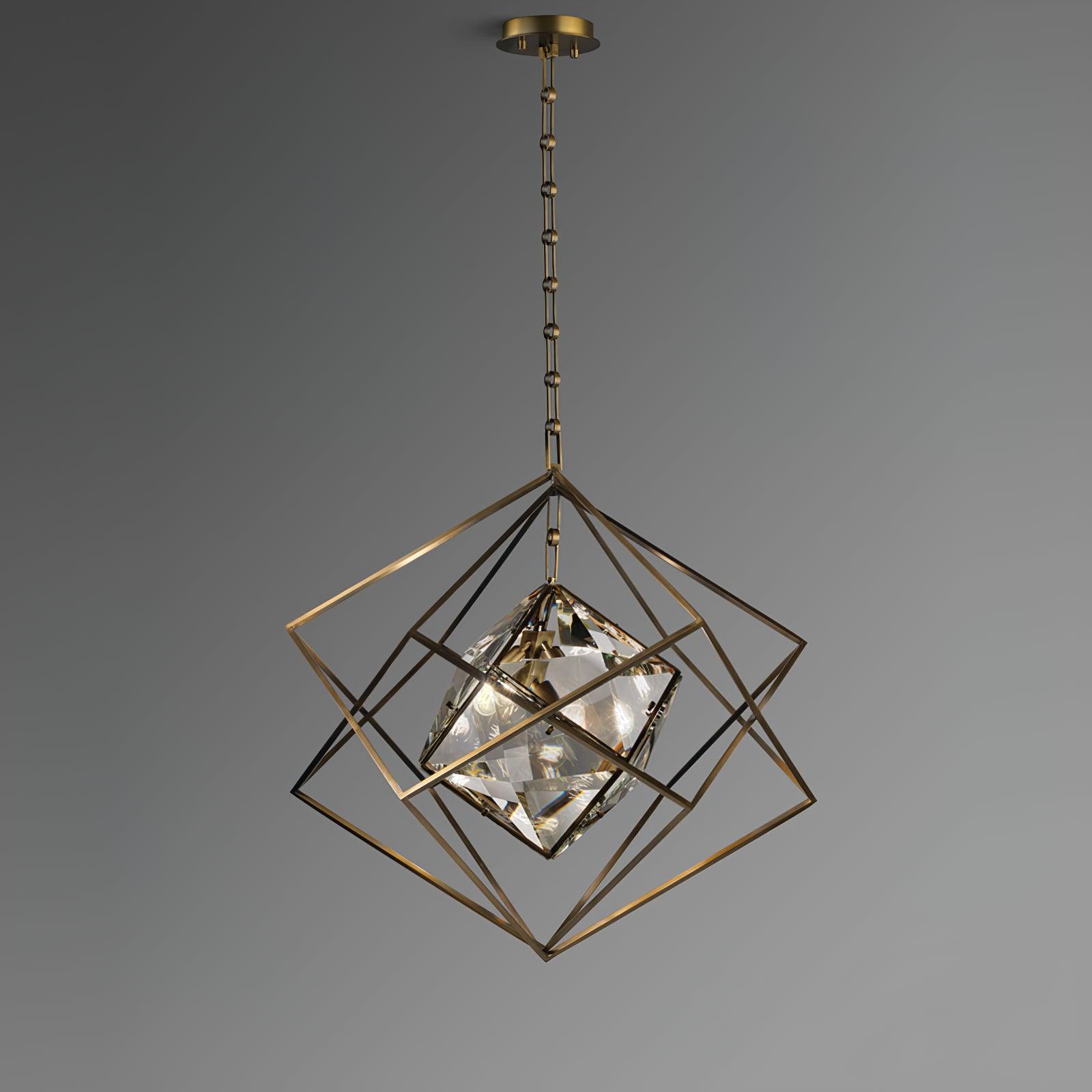 Modern Brass and Topaz Crystal Geometric Prism Hanging Pendant Light Fixture