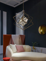Modern Brass and Topaz Crystal Geometric Prism Hanging Pendant Light Fixture