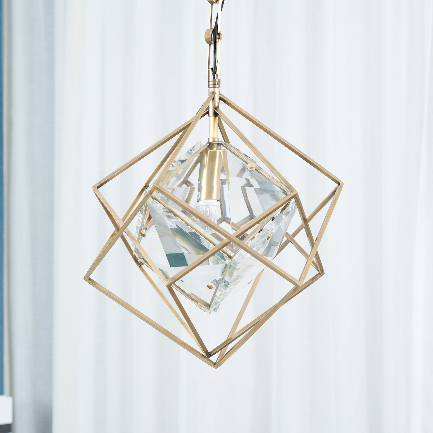 Modern Brass and Topaz Crystal Geometric Prism Hanging Pendant Light Fixture