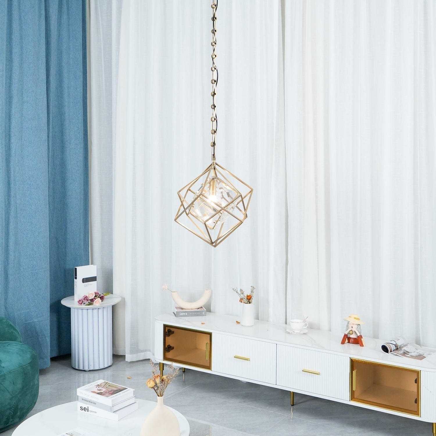 Modern Brass and Topaz Crystal Geometric Prism Hanging Pendant Light Fixture