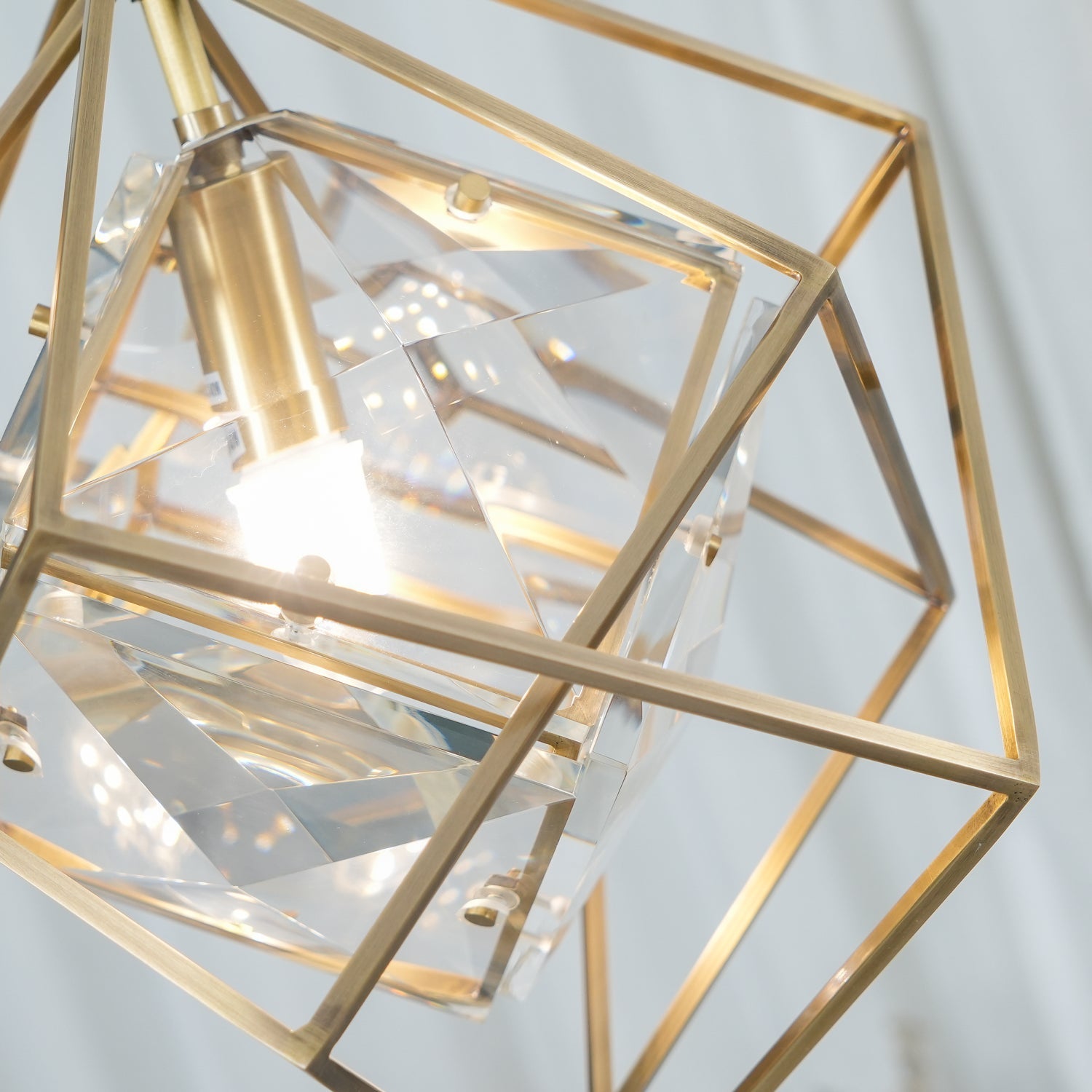 Modern Brass and Topaz Crystal Geometric Prism Hanging Pendant Light Fixture