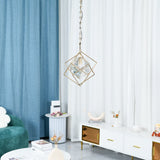 Modern Brass and Topaz Crystal Geometric Prism Hanging Pendant Light Fixture