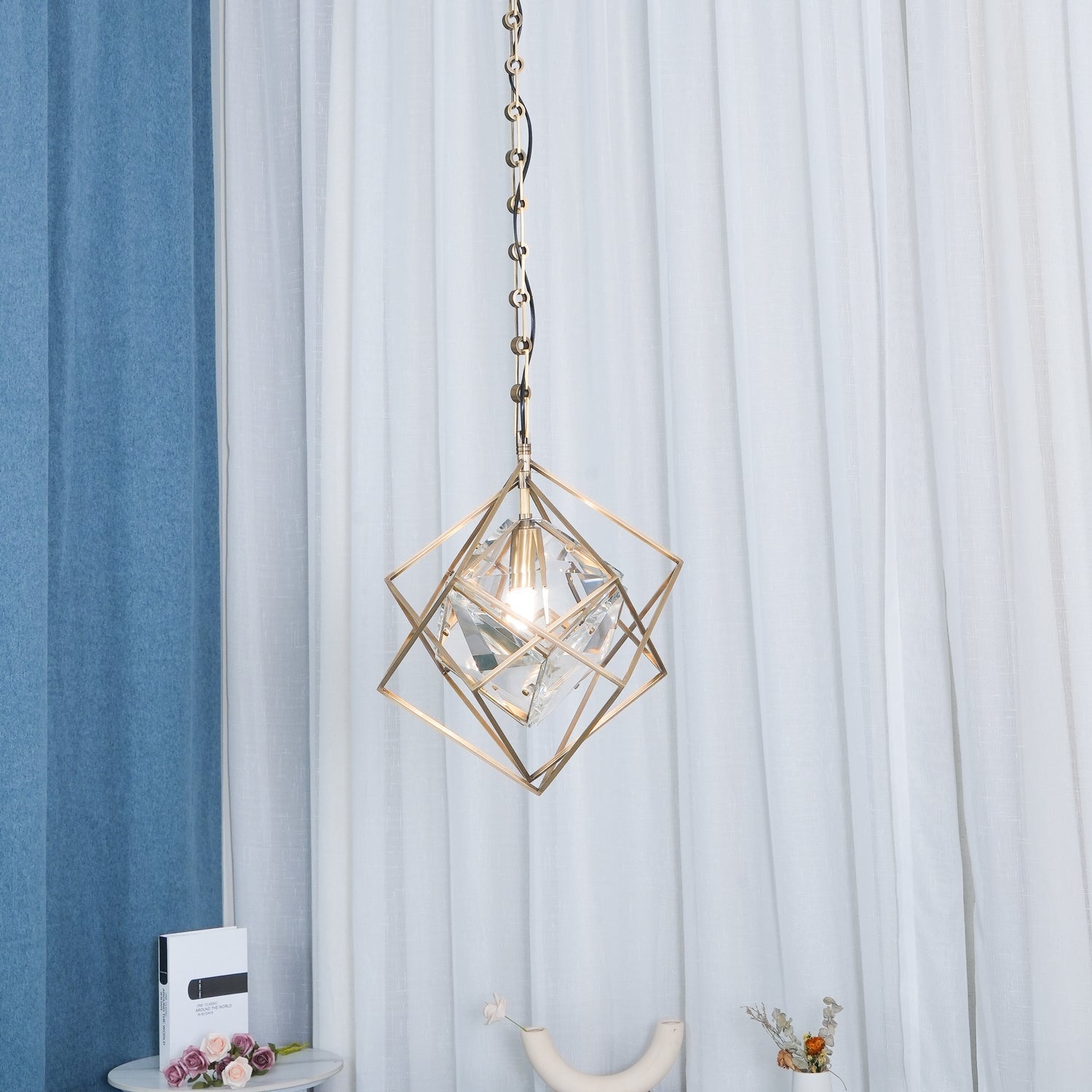 Modern Brass and Topaz Crystal Geometric Prism Hanging Pendant Light Fixture
