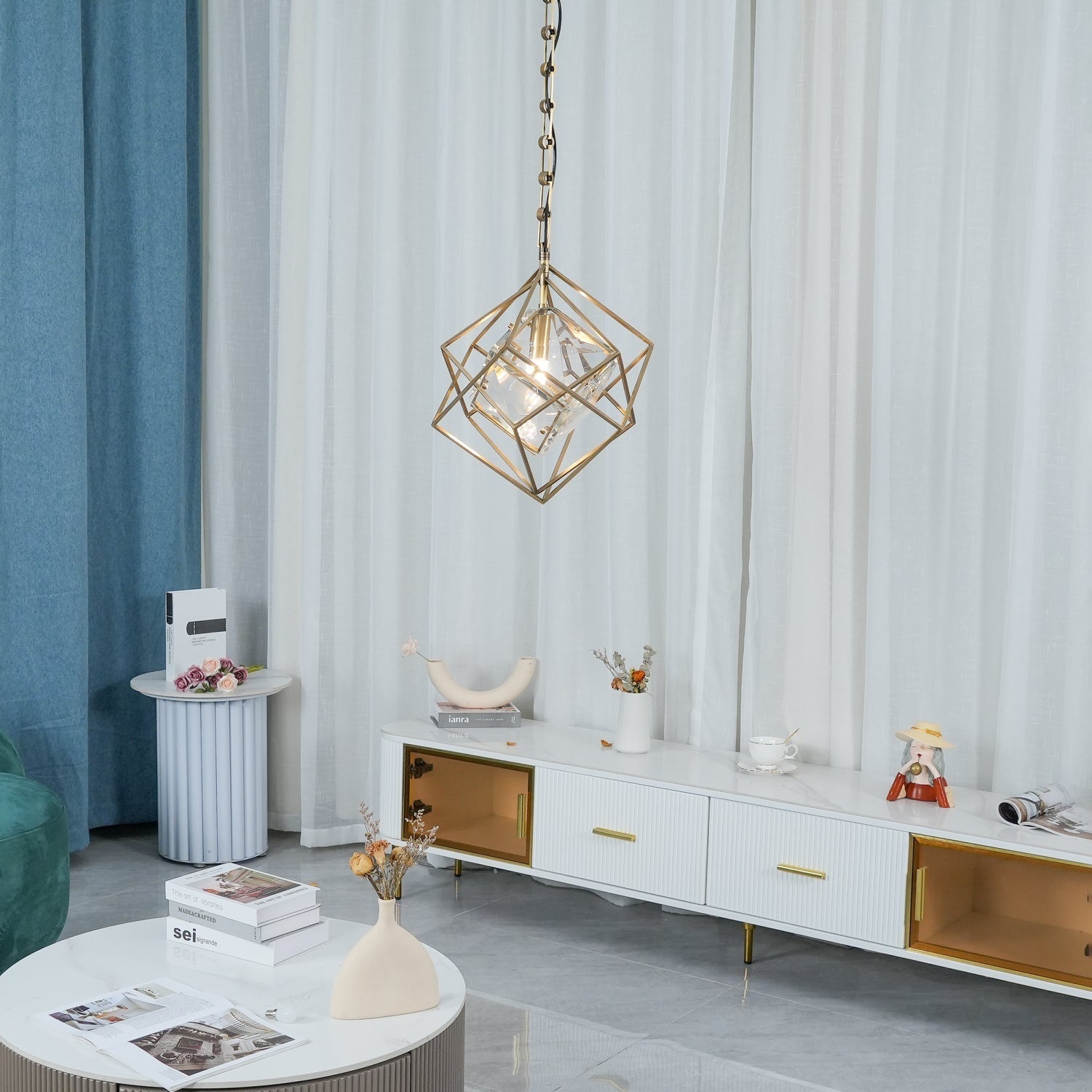 Modern Brass and Topaz Crystal Geometric Prism Hanging Pendant Light Fixture