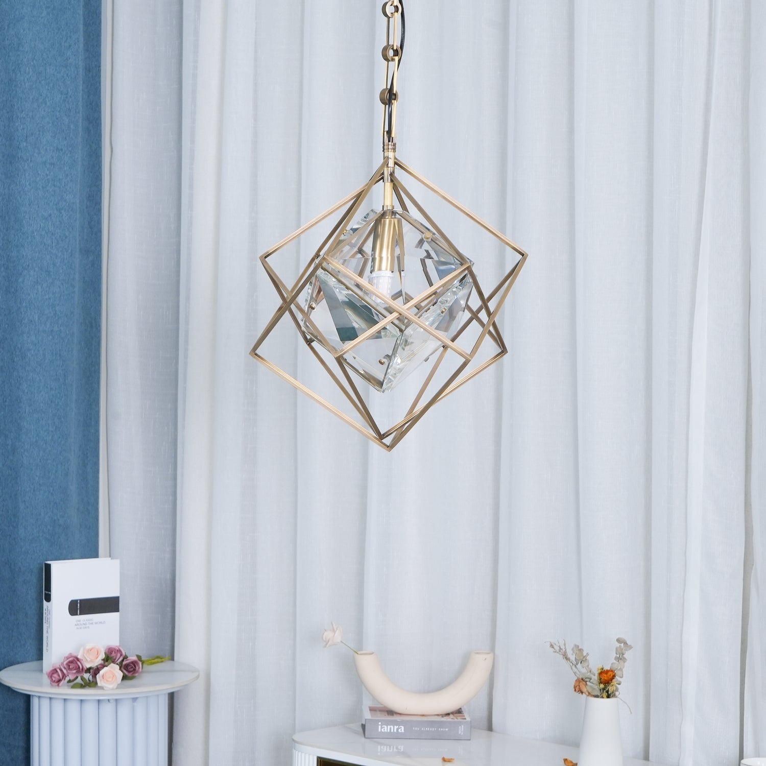 Modern Brass and Topaz Crystal Geometric Prism Hanging Pendant Light Fixture