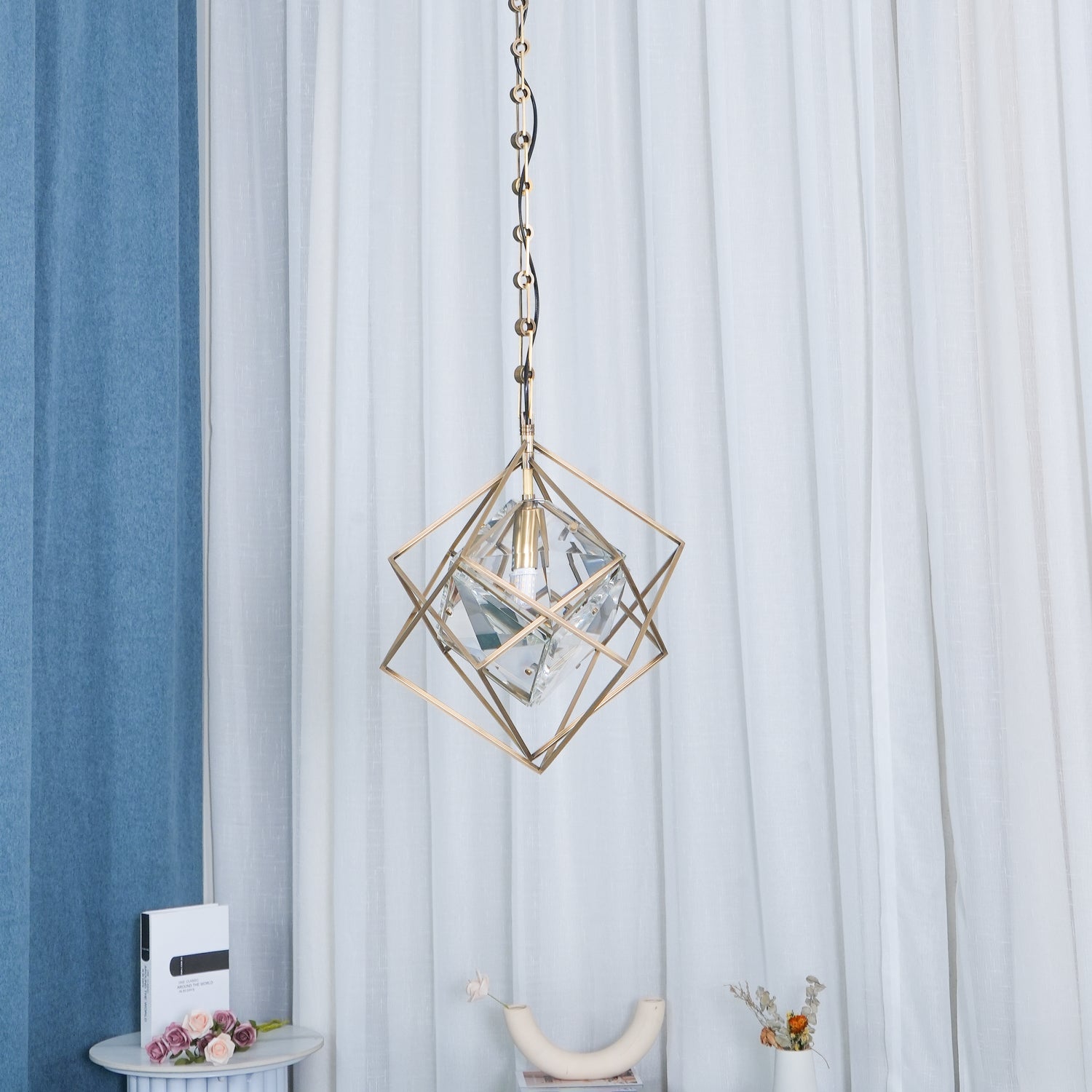 Modern Brass and Topaz Crystal Geometric Prism Hanging Pendant Light Fixture