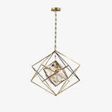 Modern Brass and Topaz Crystal Geometric Prism Hanging Pendant Light Fixture