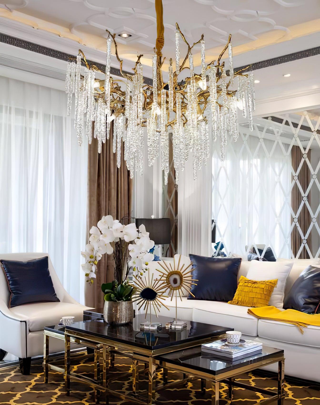 Modern Brass Branch Crystal Icicle Chandelier Luxury Hanging Pendant Light Fixture