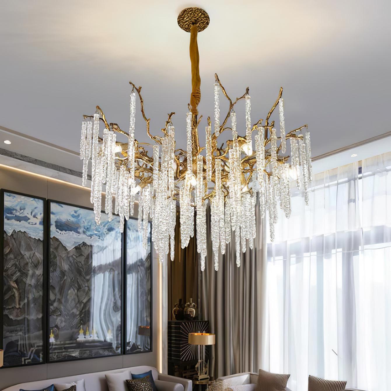Modern Brass Branch Crystal Icicle Chandelier Luxury Hanging Pendant Light Fixture