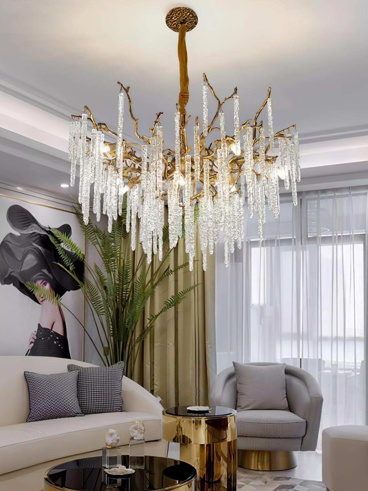 Modern Brass Branch Crystal Icicle Chandelier Luxury Hanging Pendant Light Fixture