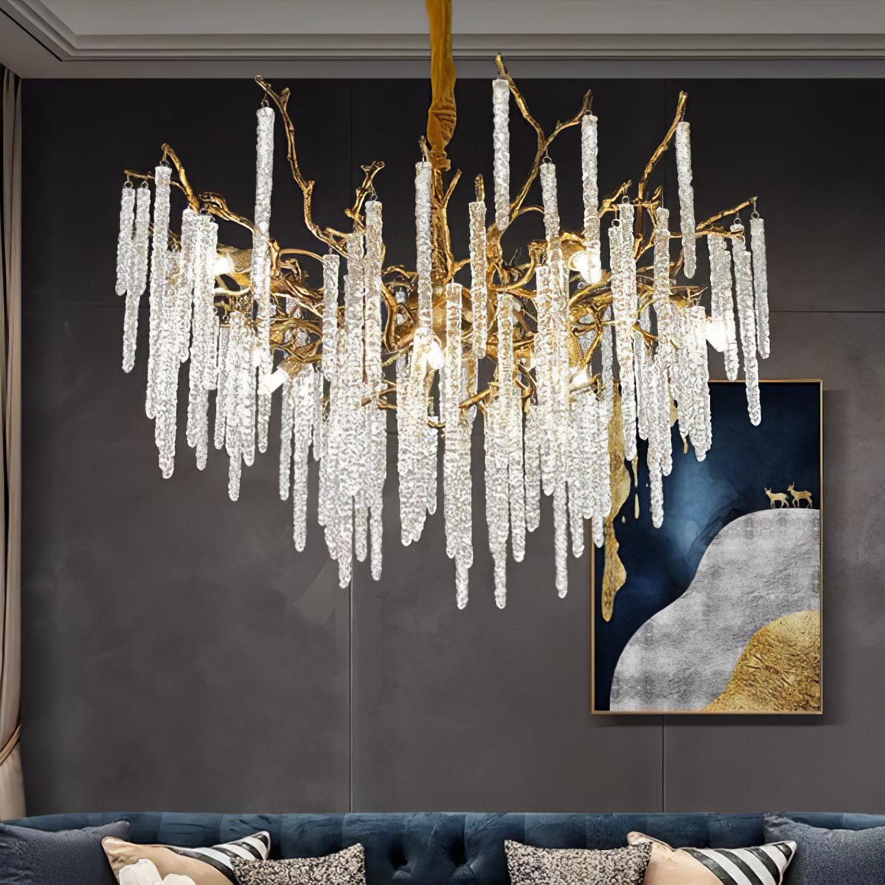 Modern Brass Branch Crystal Icicle Chandelier Luxury Hanging Pendant Light Fixture