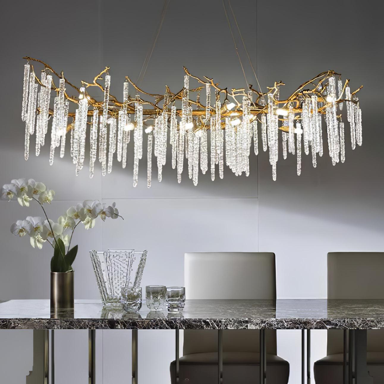 Modern Brass Branch Crystal Icicle Chandelier Luxury Hanging Pendant Light Fixture