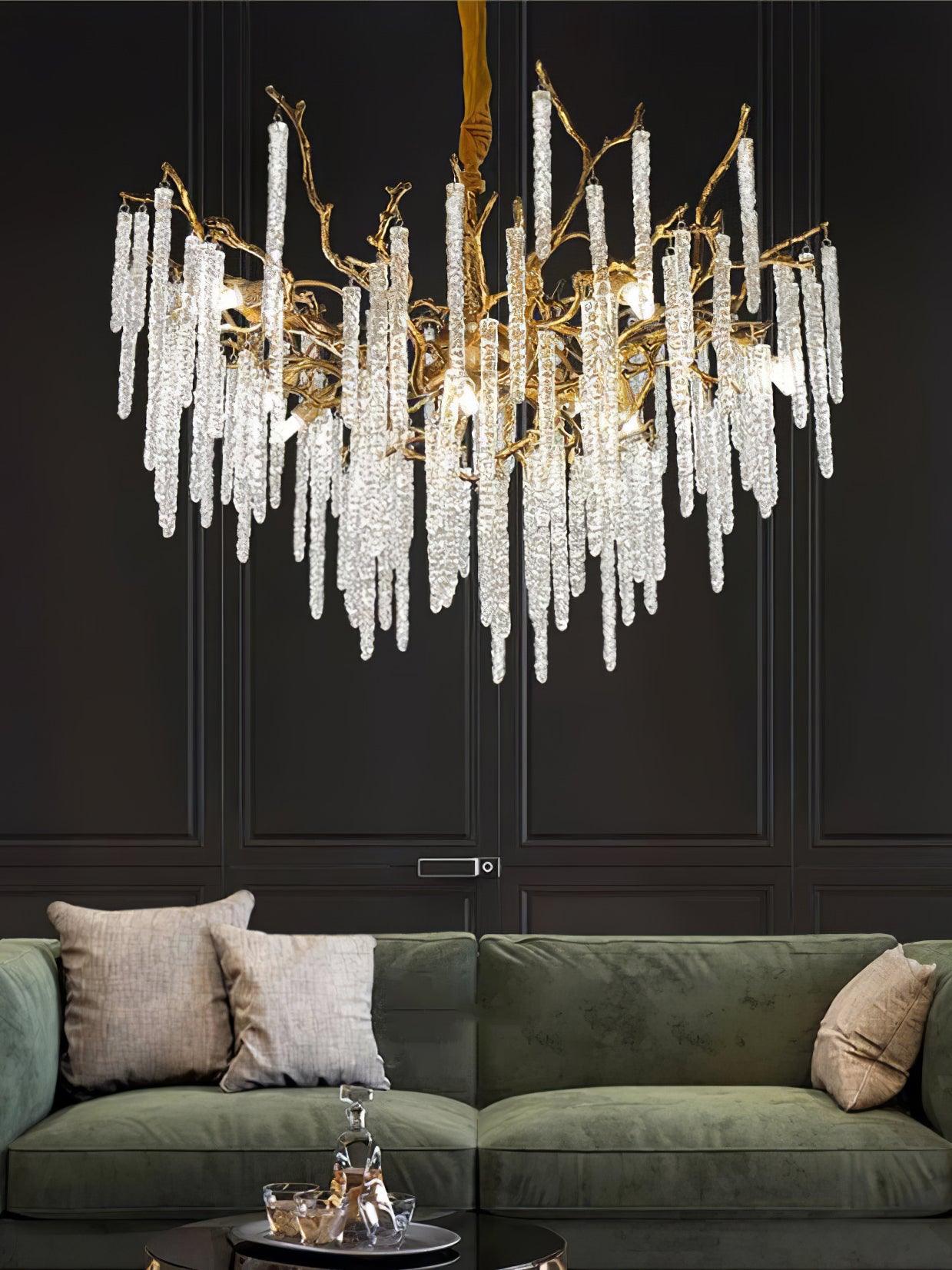 Modern Brass Branch Crystal Icicle Chandelier Luxury Hanging Pendant Light Fixture
