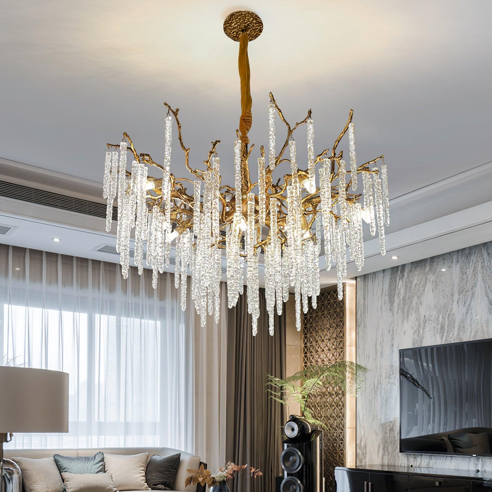 Modern Brass Branch Crystal Icicle Chandelier Luxury Hanging Pendant Light Fixture
