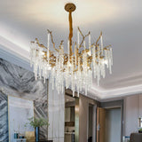 Modern Brass Branch Crystal Icicle Chandelier Luxury Hanging Pendant Light Fixture
