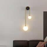 Modern Brass Curved Wall Sconce with Dual White Glass Globes for Living Room and Bedroom