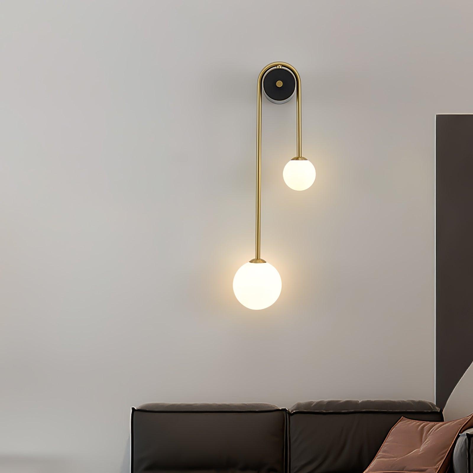 Modern Brass Curved Wall Sconce with Dual White Glass Globes for Living Room and Bedroom