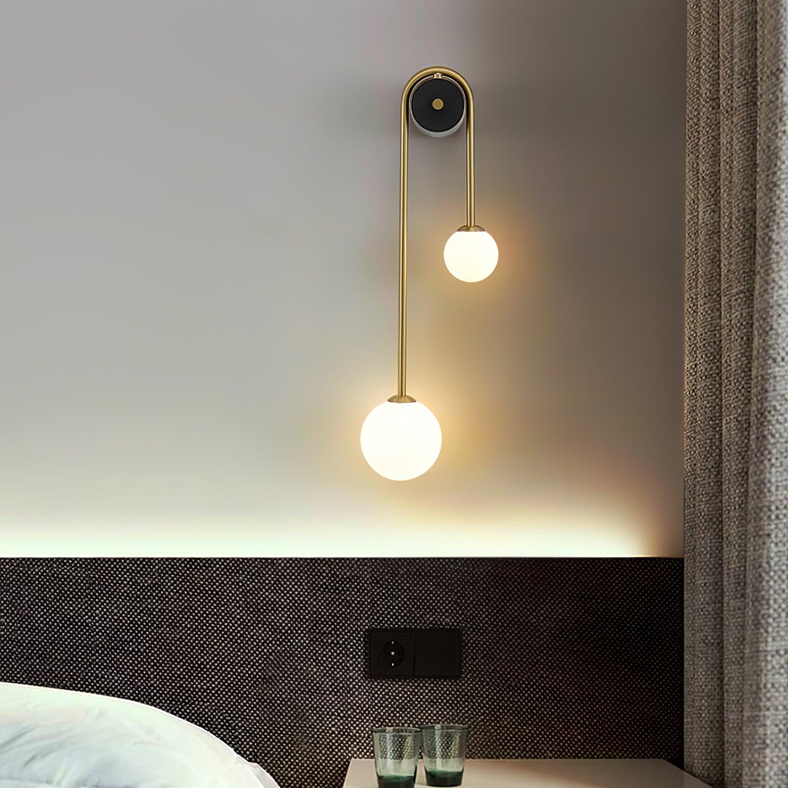 Modern Brass Curved Wall Sconce with Dual White Glass Globes for Living Room and Bedroom