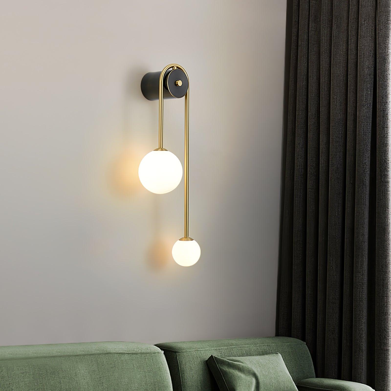 Modern Brass Curved Wall Sconce with Dual White Glass Globes for Living Room and Bedroom