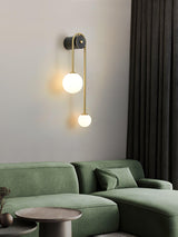 Modern Brass Curved Wall Sconce with Dual White Glass Globes for Living Room and Bedroom