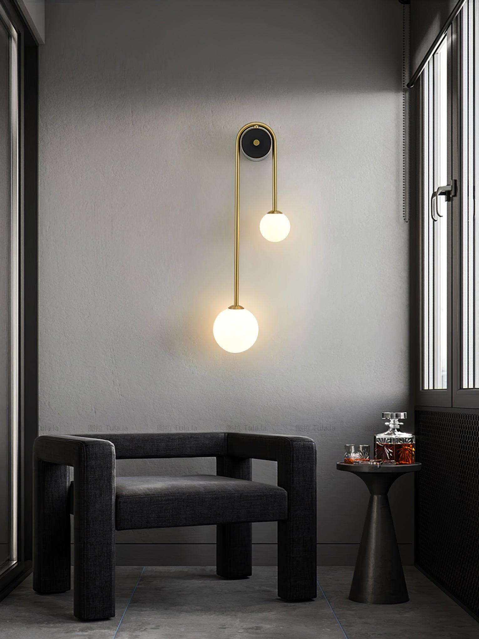 Modern Brass Curved Wall Sconce with Dual White Glass Globes for Living Room and Bedroom