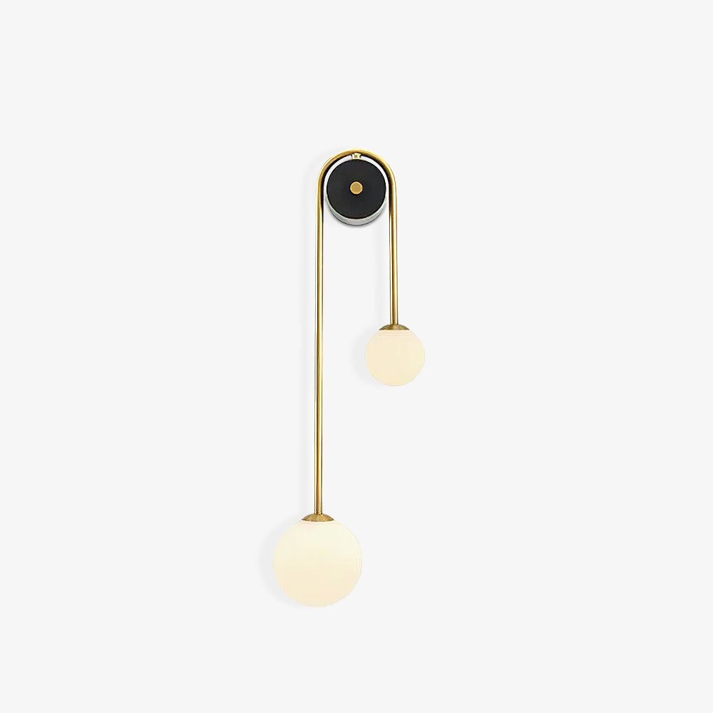 Modern Brass Curved Wall Sconce with Dual White Glass Globes for Living Room and Bedroom