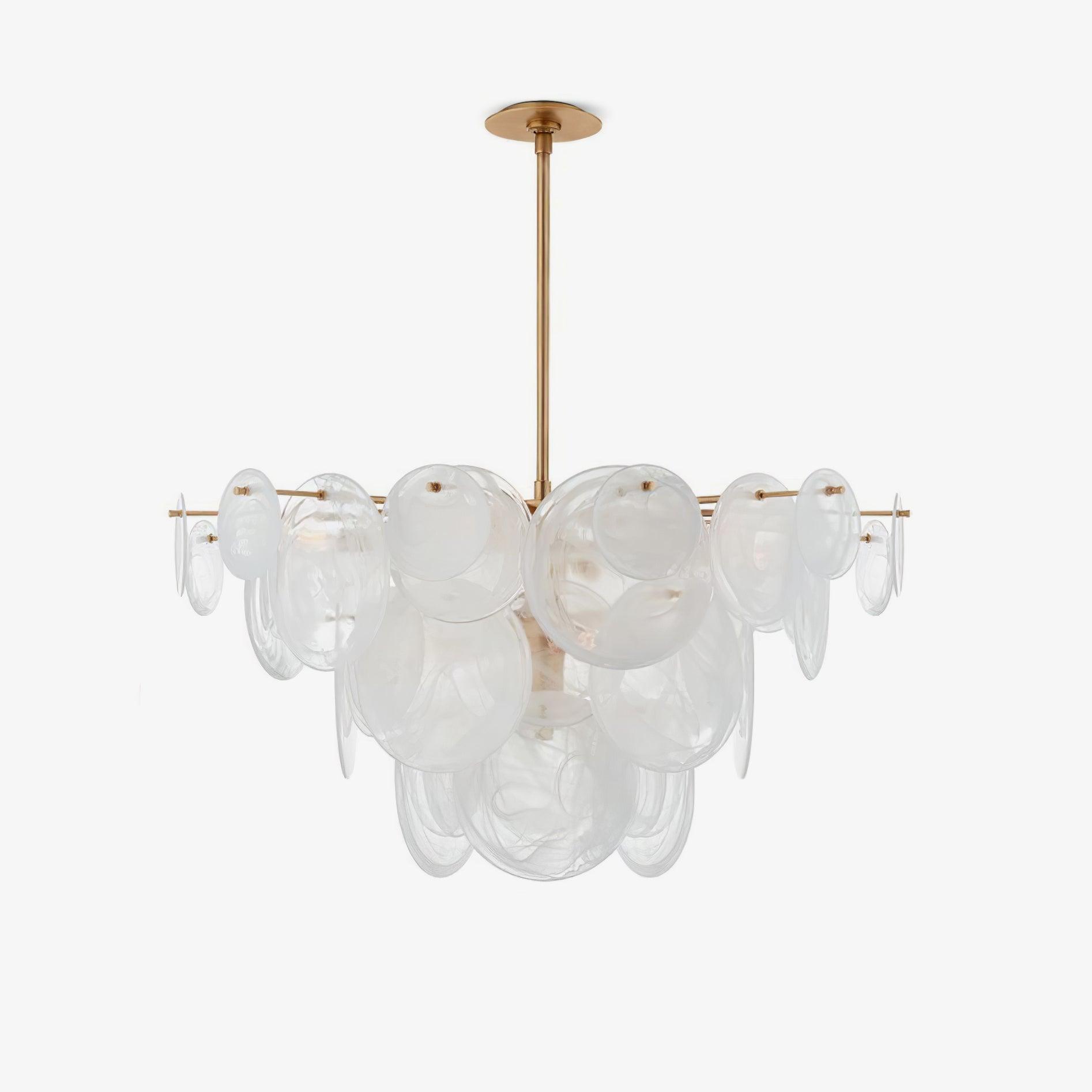 Modern Brass Discs and White Striped Glass Cascading Chandelier for Dining Rooms