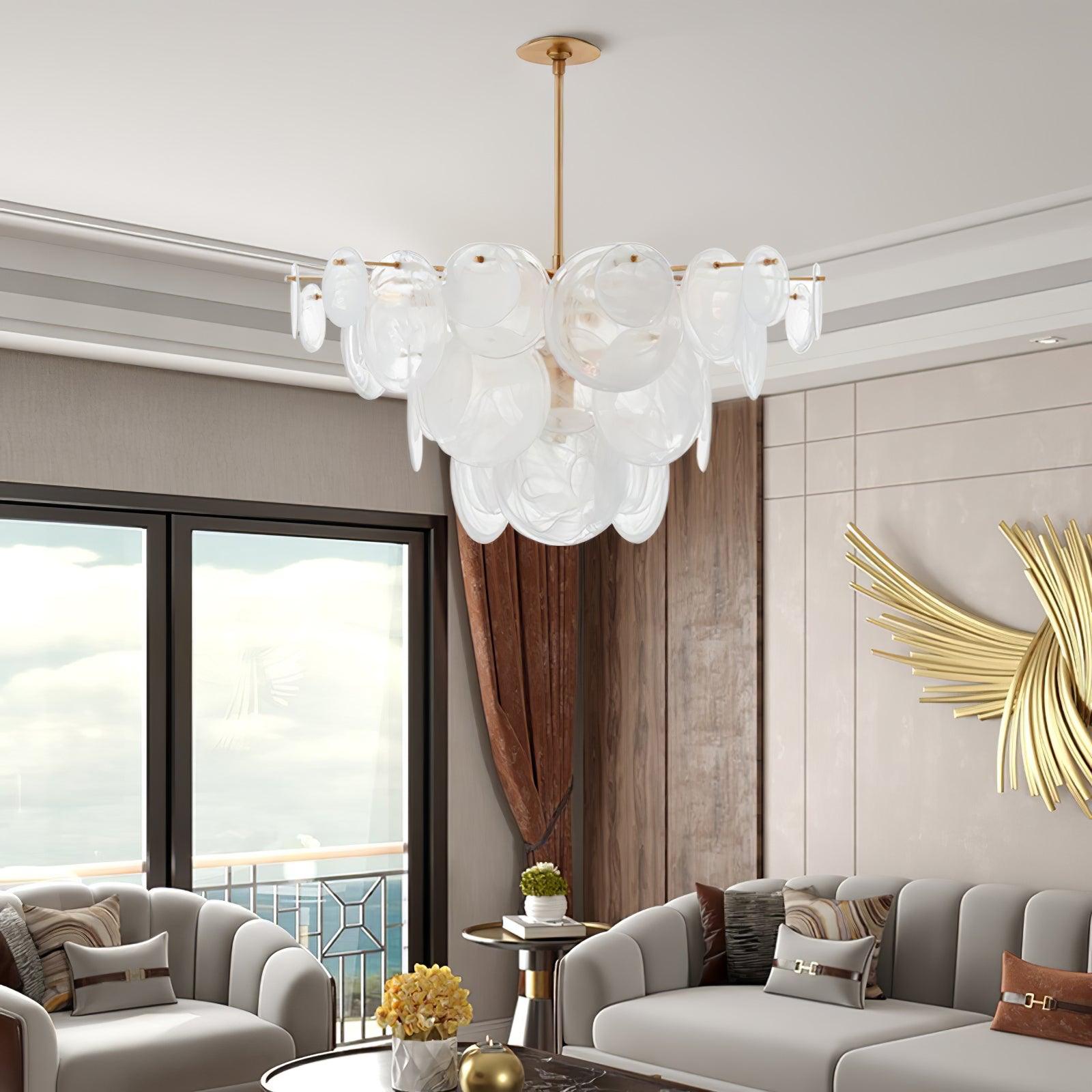 Modern Brass Discs and White Striped Glass Cascading Chandelier for Dining Rooms