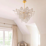 Modern Brass Discs and White Striped Glass Cascading Chandelier for Dining Rooms