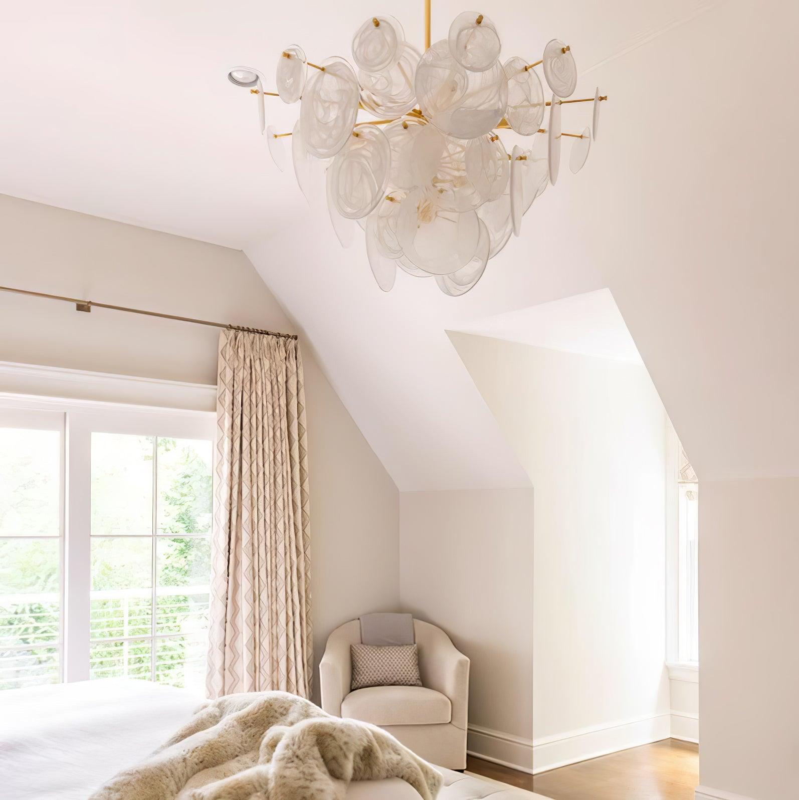 Modern Brass Discs and White Striped Glass Cascading Chandelier for Dining Rooms