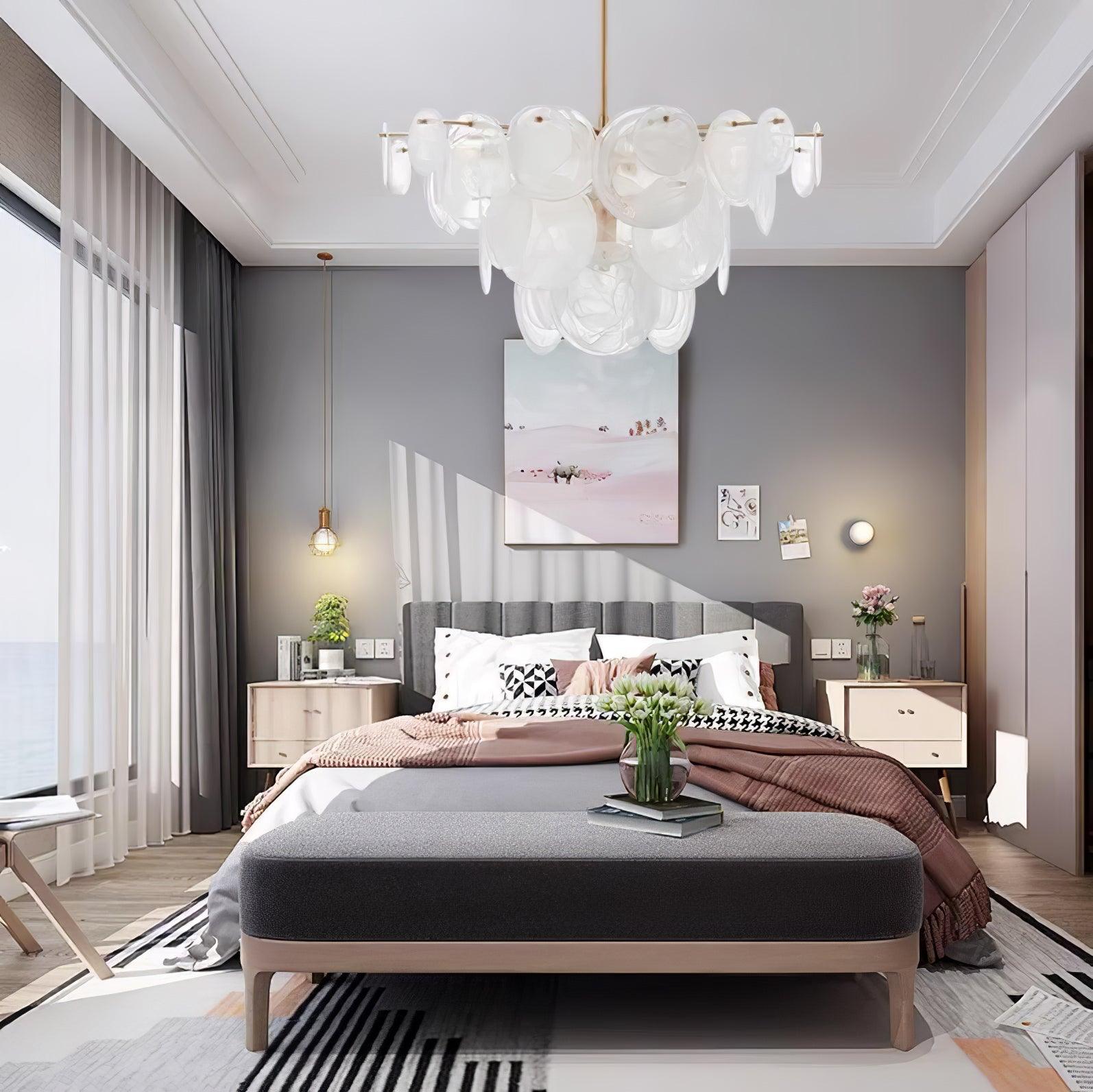 Modern Brass Discs and White Striped Glass Cascading Chandelier for Dining Rooms