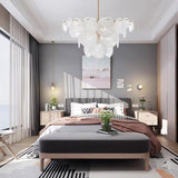 Modern Brass Discs and White Striped Glass Cascading Chandelier for Dining Rooms
