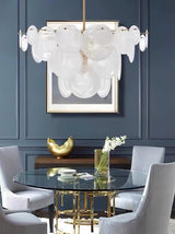 Modern Brass Discs and White Striped Glass Cascading Chandelier for Dining Rooms