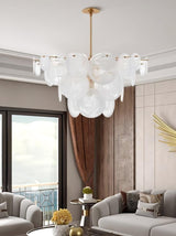 Modern Brass Discs and White Striped Glass Cascading Chandelier for Dining Rooms