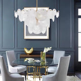 Modern Brass Discs and White Striped Glass Cascading Chandelier for Dining Rooms