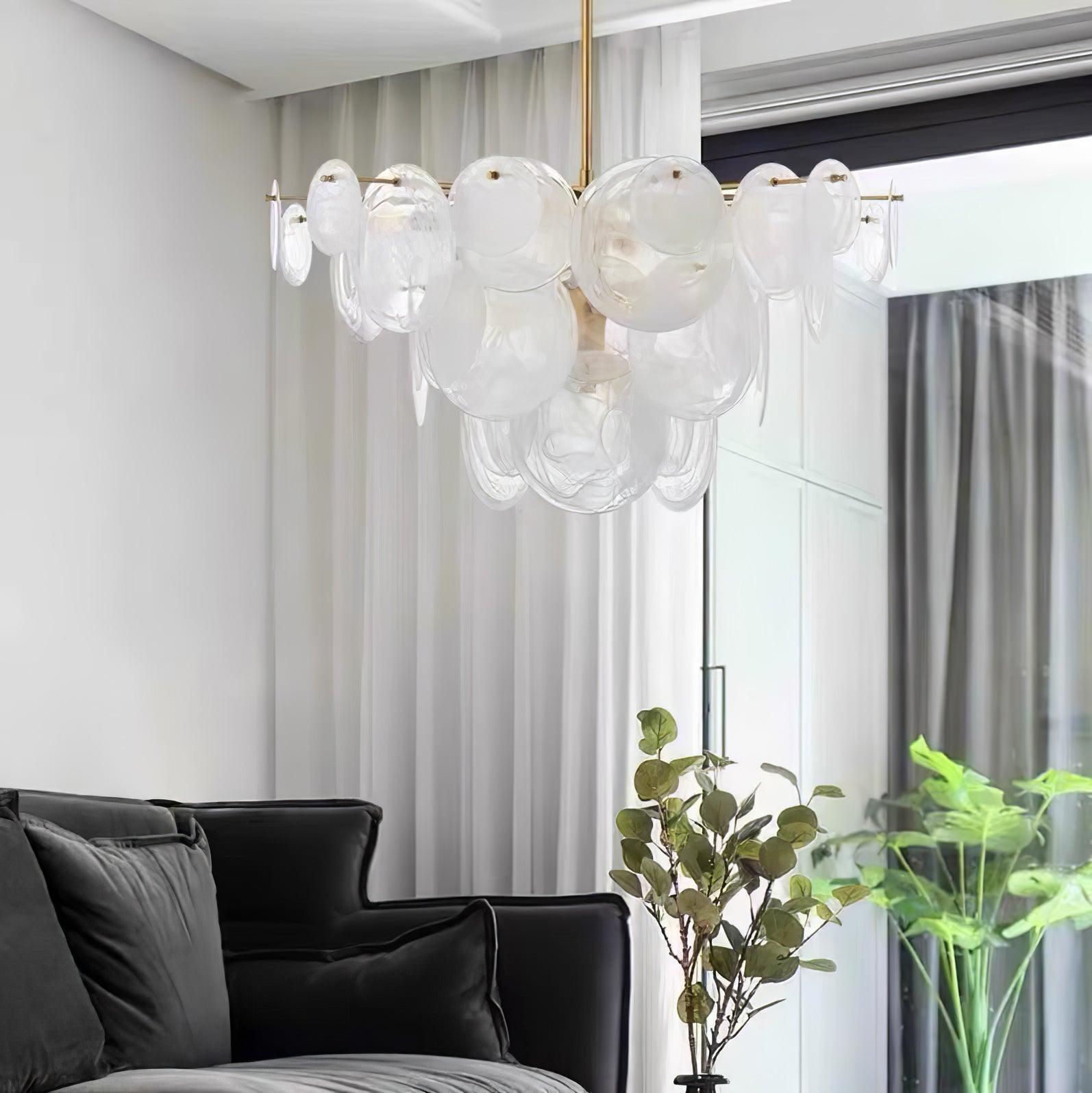 Modern Brass Discs and White Striped Glass Cascading Chandelier for Dining Rooms