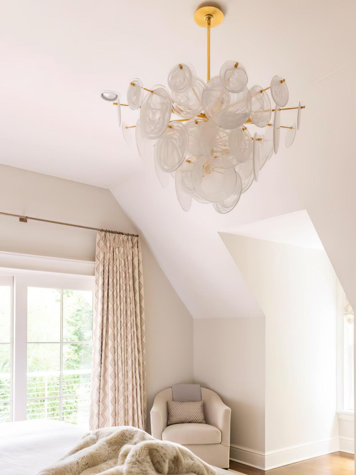 Modern Brass Discs and White Striped Glass Cascading Chandelier for Dining Rooms